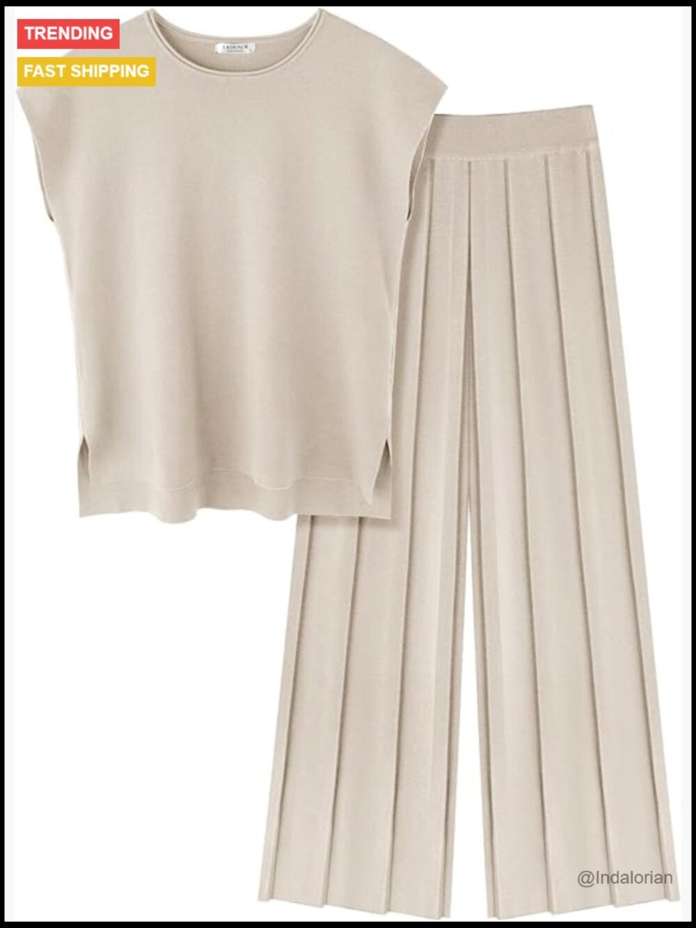 Knit Cap Sleeve Top Wide Leg Pleated Pants Lounge Set